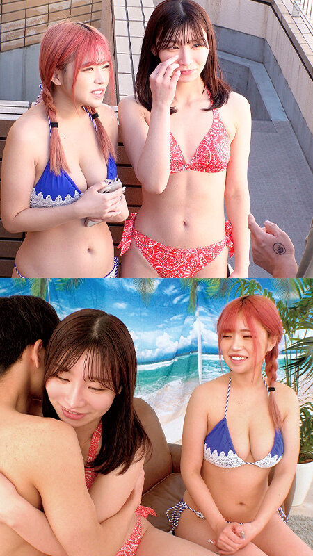 「【素人ギャル】巨乳水着美女2人が童貞君を逆3Pで筆おろし！騎乗位で中出しハーレム体験」のサンプル画像1枚目